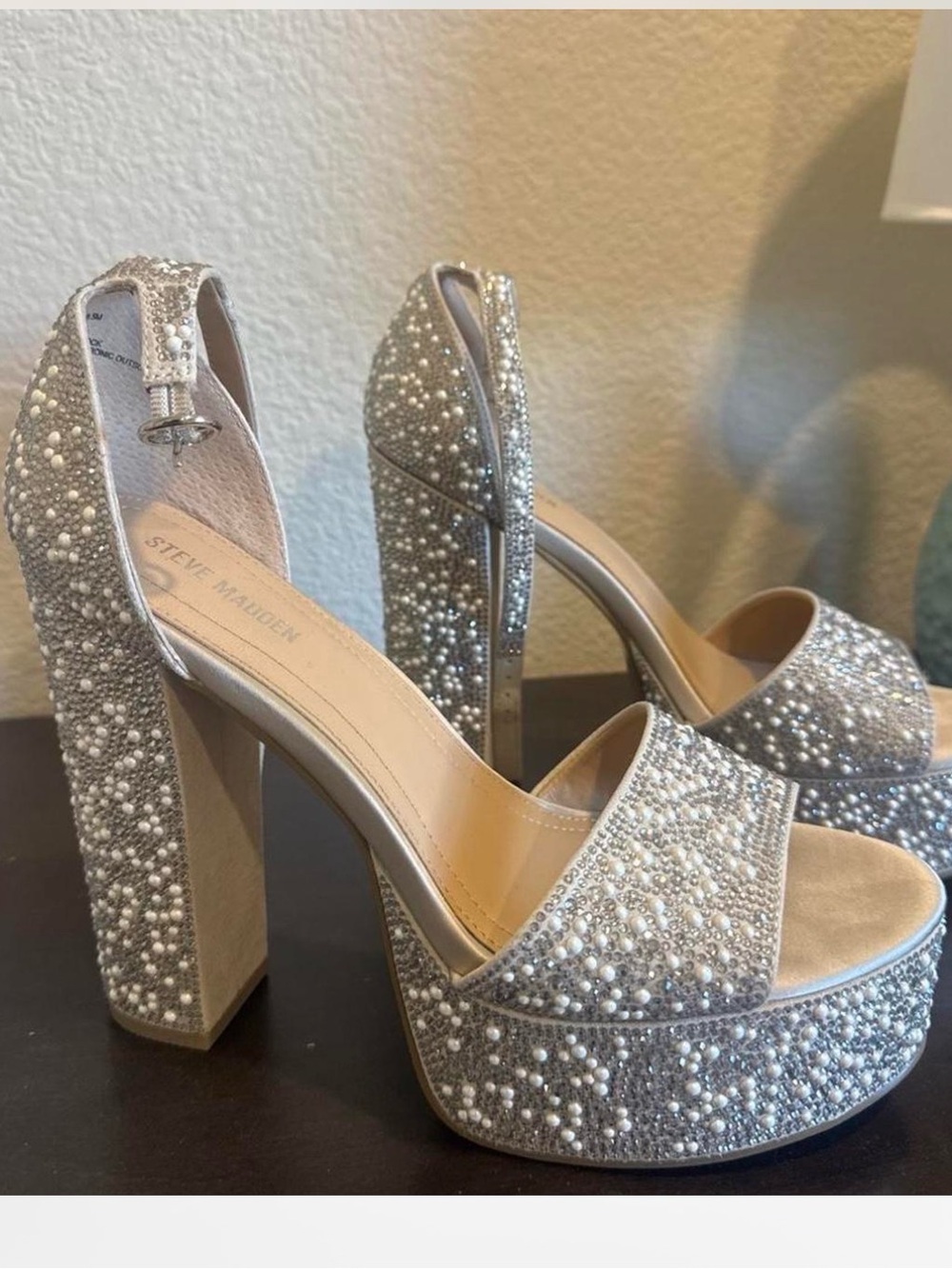 Steve Madden Silver Pearl & Crystal Platform Sandals